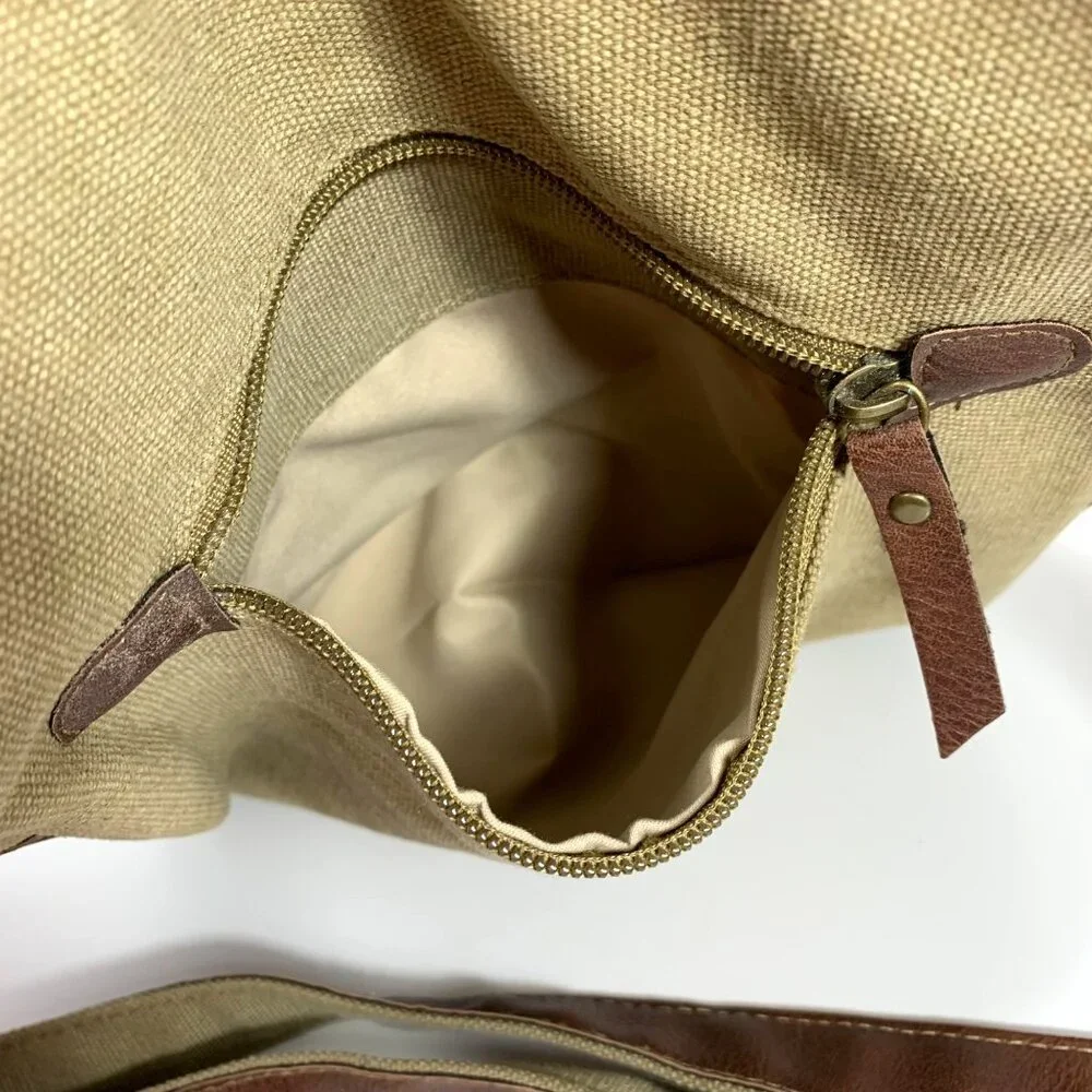 Heavy Khaki Canvas Faux Leather Trim Messenger Satchel Crossbody Bag Pockets EUC